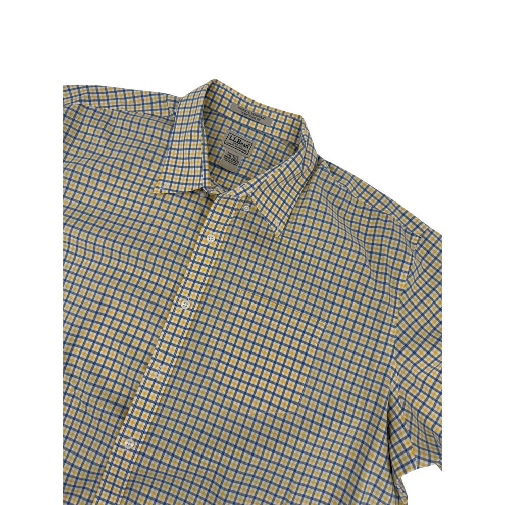 L.L. Bean Button Down Shirt Mens XXL Tall Yellow Blue Gingham Wrinkle Resistant